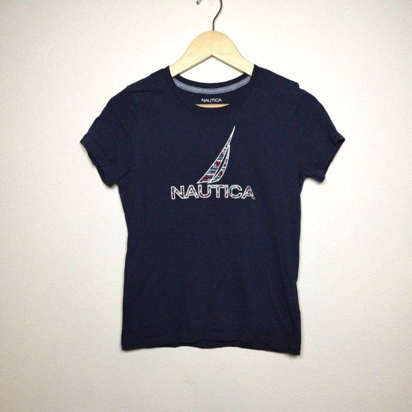 Girls Nautica Shirt Large Navy Sailboat T-shirt Crew Neck - Picture 1 of 3